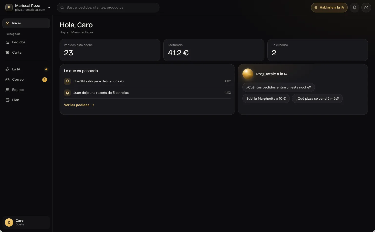 Mariscal Dashboard en una Mac: el inicio de una pizzería con los pedidos de la noche y la IA