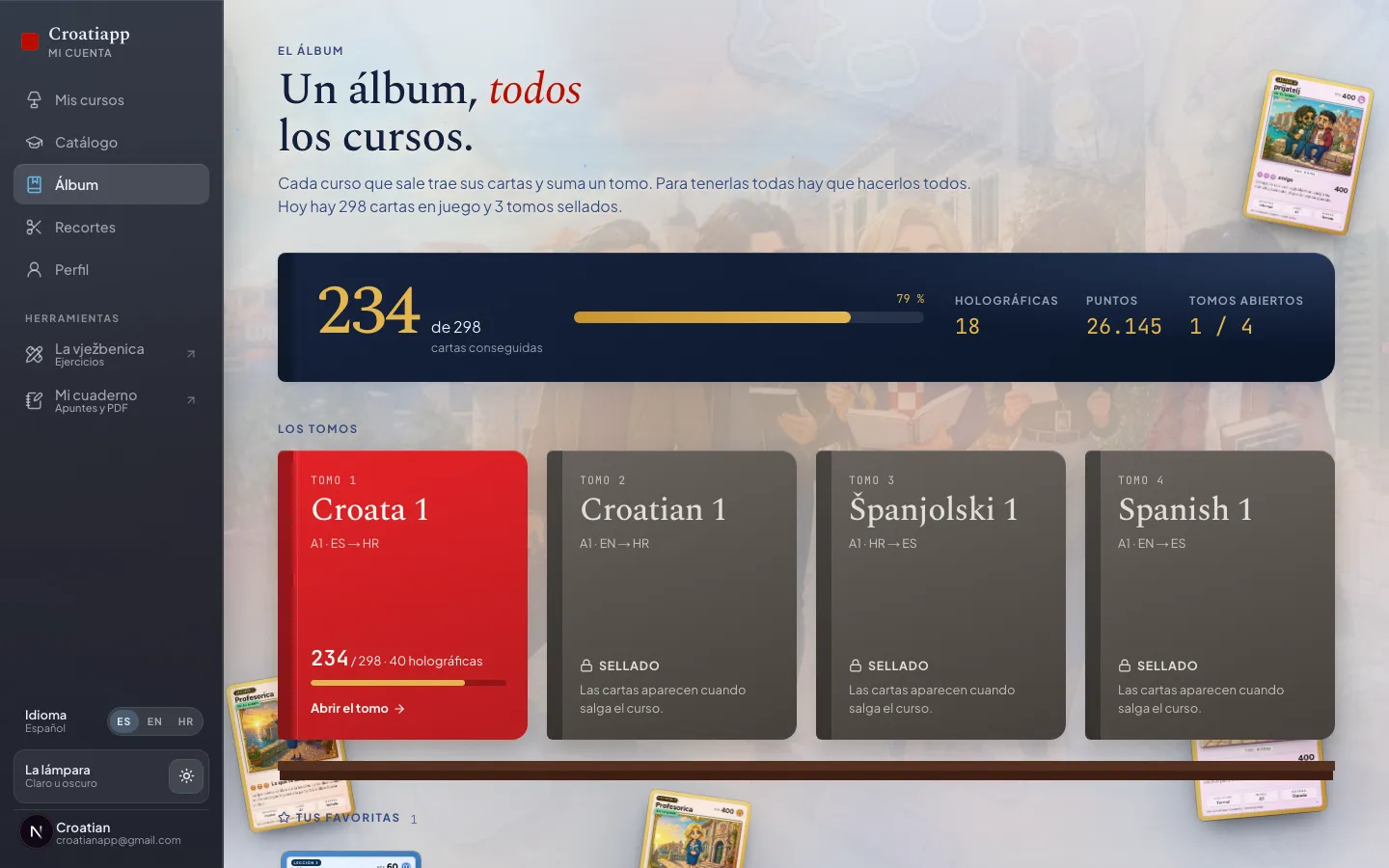 El álbum de cartas dentro de Mi cuenta, con el primer tomo abierto
