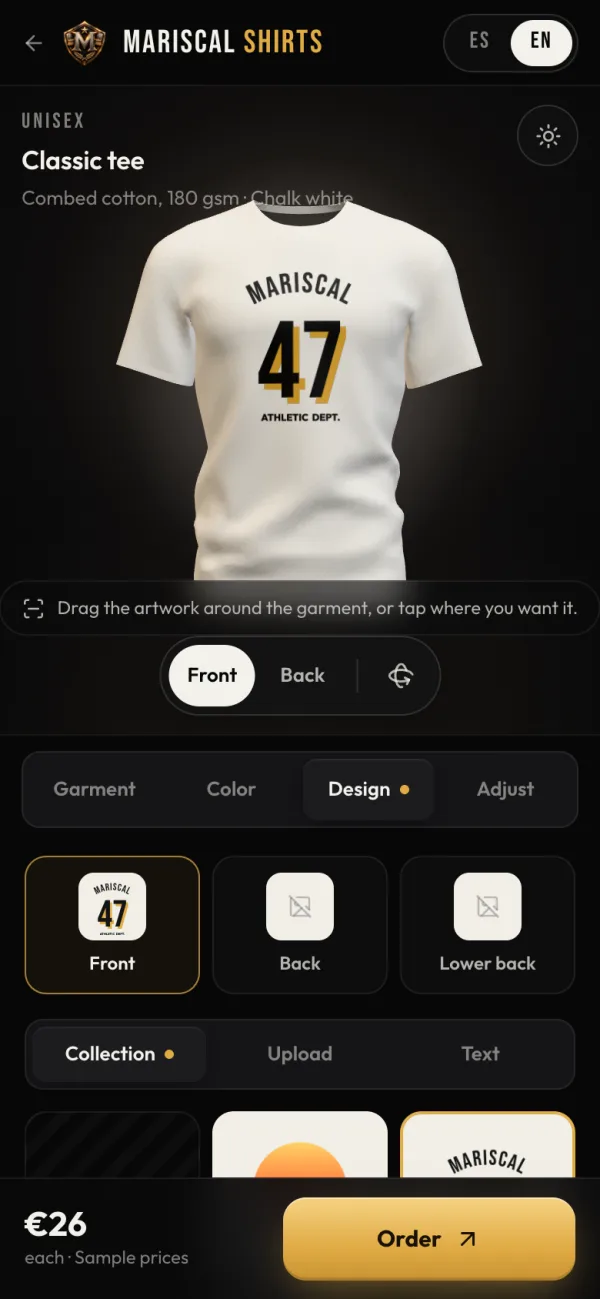 The Mariscal Shirts studio on a phone